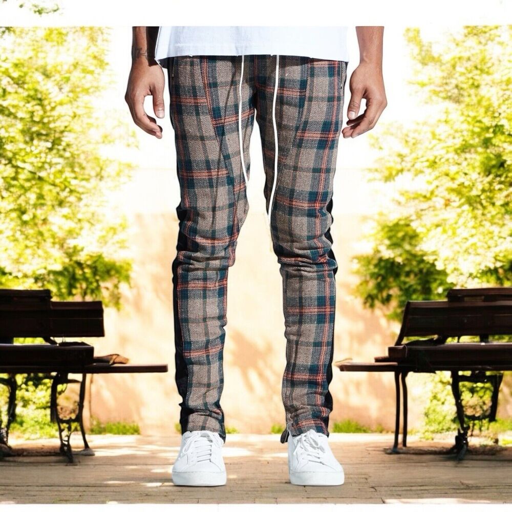 Embellish Bukshot Brown Orange Plaid Track Pants Men’s Small Streetwear Rockstar